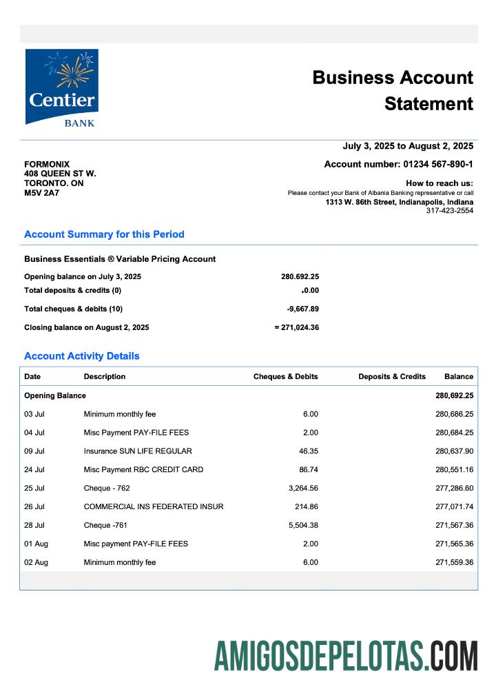 Imprimível EUA Indiana Centier Firm modelo de extrato de conta Word e PDF